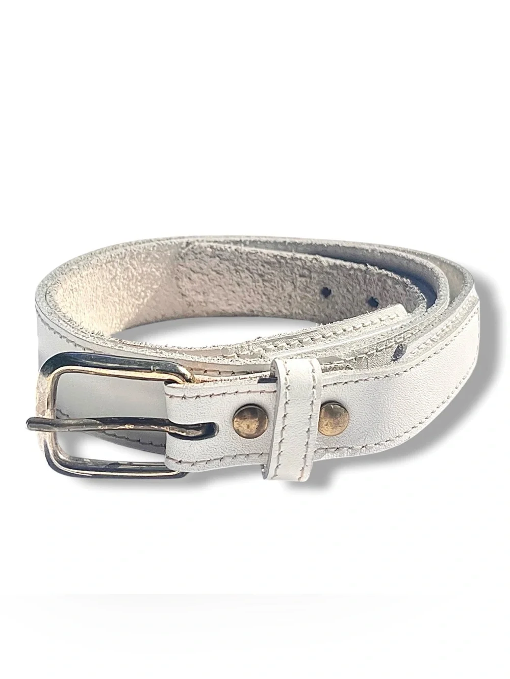 Vintage Leather Belt Full Grain White Western Brass Buckle Ivory Women’s S M 1”